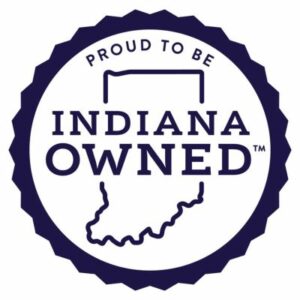 Navy blue circular Indiana Owned logo featured on white square background.